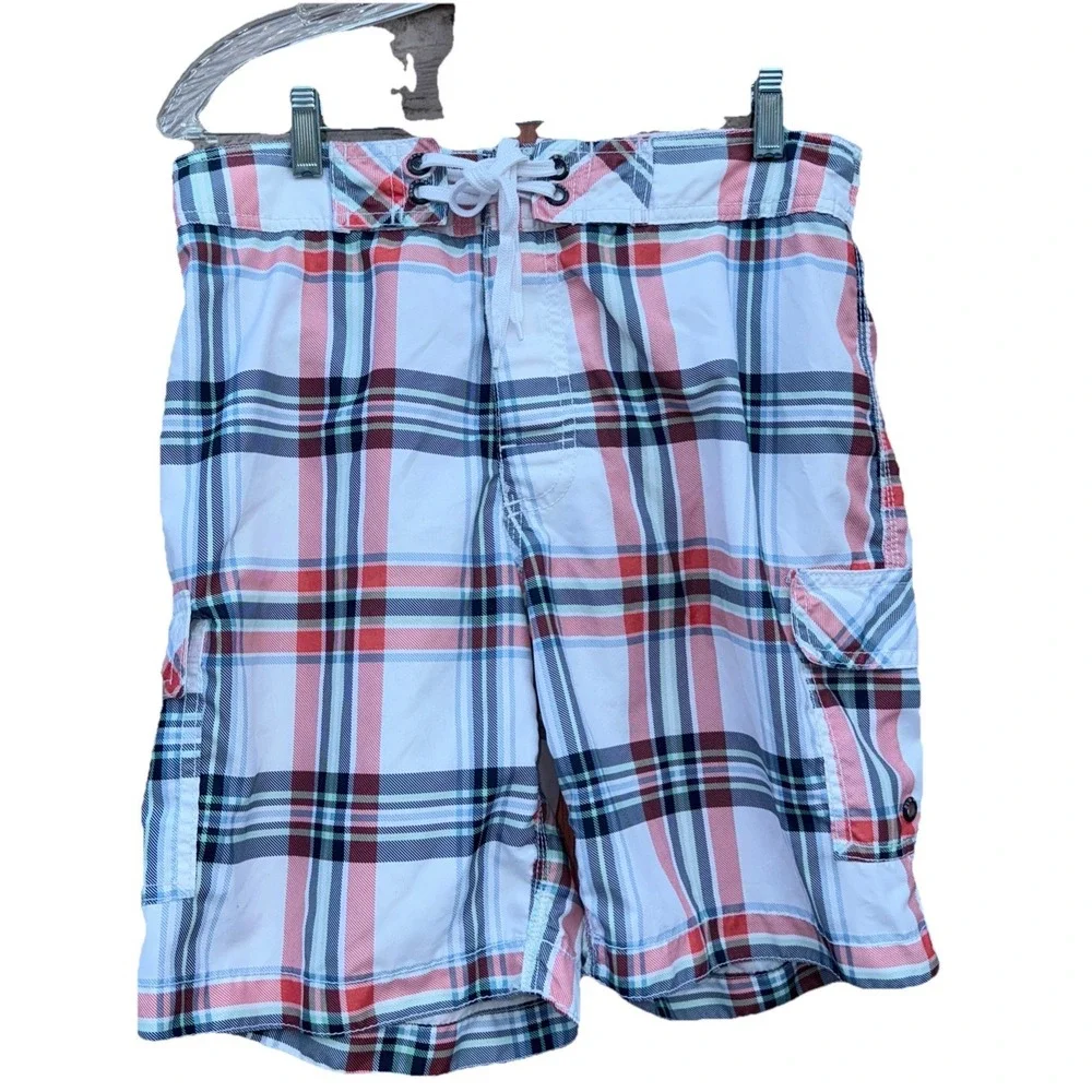 Old Navy Plaid Red White Lined‎ Swim Board Shorts Mens Size Medium